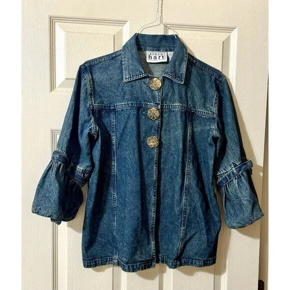 Vintage Keren Hart Womens Denim Jacket Balloon Sleeves Boho Jean Poof Puff Small - Picture 12 of 12